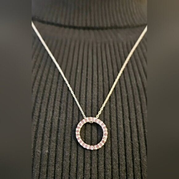 Silvertone Pink Rhinestone Circle Pendant Necklace – Minimalist Sparkle - Picture 5 of 6